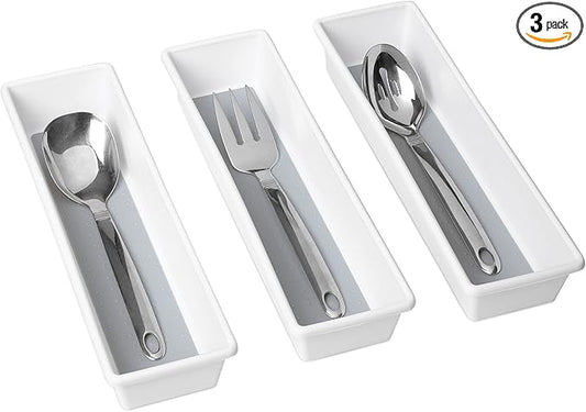 Smart Design Plastic Drawer Organizer - Set of 3-13 x 3.75 Inch – Non-Slip Lining and Feet - BPA Free – Utensils, Flatware, Personal Care, or Makeup Storage - Kitchen - White with Gray