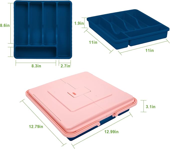 Silverware Organizer with Cover, Portable Cutlery Holder Flatware Tray with Lid Plastic Silverware Storage Box 5 Compartments for Kitchen Drawer (pink)