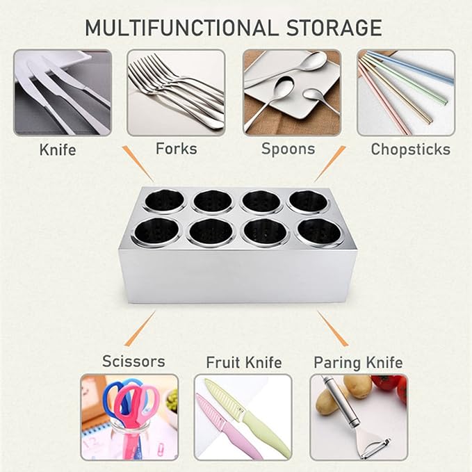 Commercial Utensil Holder for Kitchen Counter, Silverware Organizer 8 Cups Large Utensil Holder Stainless Steel for Restaurant, Metal Utensil Caddy Cutlery Organizer for Countertop, Silver