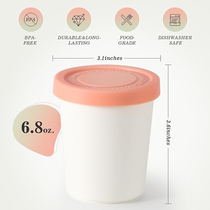 Set of 4 Ice Cream Containers for Homemade Ice Cream（6.8oz. Each），Reusable Plastic Storage Containers Cups with Lids for Freezer，Stackable Storage Container for Gelato，Yogurt, Sorbet