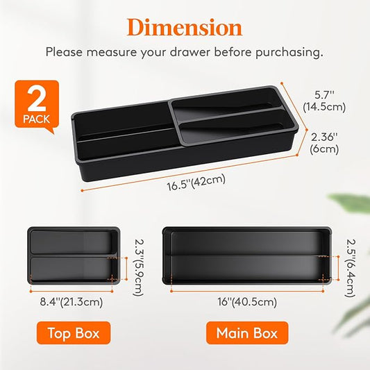 Lifewit Compact Silverware Organizer for Kitchen Drawer, Narrow Flatware Tray Holder, Plastic Cutlery Spoons, Forks and Knives Storage, Black, 2 Pack