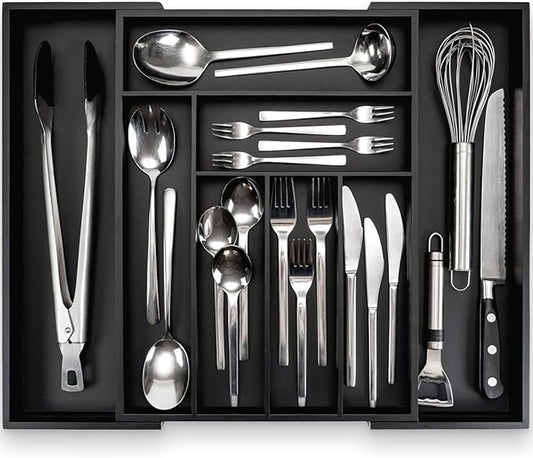 budu Silverware Drawer Organizer #16.9" Depth – Black - Utensil Holder, Kitchen Drawer Organizers for Flatware, Cutlery – Perfect Utensil Organizer for Silverware & Other Kitchen Organization Tools