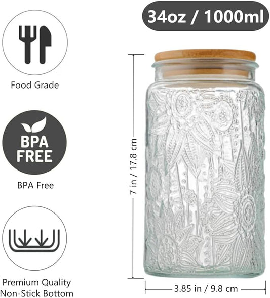 Vintage Glass Canister, 34 oz Glass Food Storage Jar - Round Sunflower Pattern for Kitchen, Coffee, Tea, Candy, Sugar