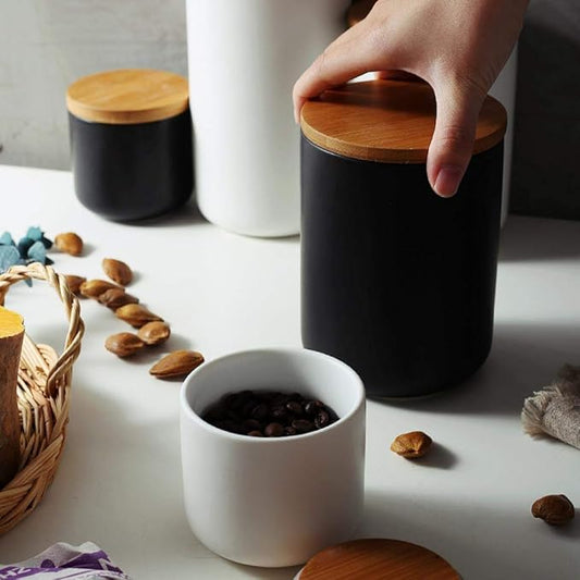 YYW Ceramic Food Storage Jar Containers Kitchen Canisters with Airtight Seal Lid for Coffee Beans Sugar Spices (Medium Black)