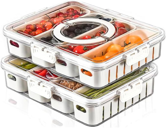 2 Pcs Portable Picnic Parties Fruit Tray, Fridge Food Veggie Condiment Divided Serving Preservation Storage Containers, Kitchen Clear Snackle Box Candy Organizer with Lid Handle