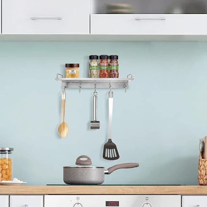 Kitchen Utensil Rack, Spice Rack with Hooks Wall Mount, Over the Stove Shelf, Stainless Steel, Hanging Storage Wall Shelf for Spatula Spoon, Seasoning Jar Organizer