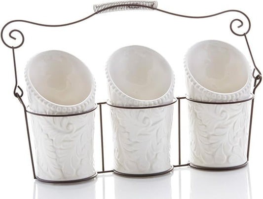 Kitchen Tool Crock (4 Pieces) - 3 Ceramic Utensil Holders (4" Dia x 7" H each) & 1 Metal Caddy - White & Embossed Design