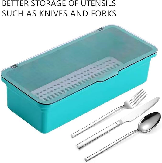 Flatware Tray with Lid,Silverware Tray Kitchen Cutlery Tray and Utensil Storage Container for Flatware and Silverware (Blue), KH1620
