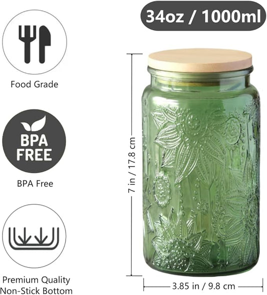 Vintage Glass Jar with Lid, 34 oz Decorative Mason Jar for Home Kitchen Storage Coffee Tea Sugar Biscuit Candy Jar (Green, 1 Pack)