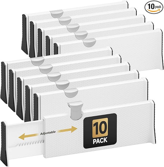 Drawer Dividers Organizer 10 Pack, Adjustable Separators 4" High Expandable from 11-17" for Bedroom, Bathroom, Closet, Clothing, Office, Kitchen (White, 10 PACK)