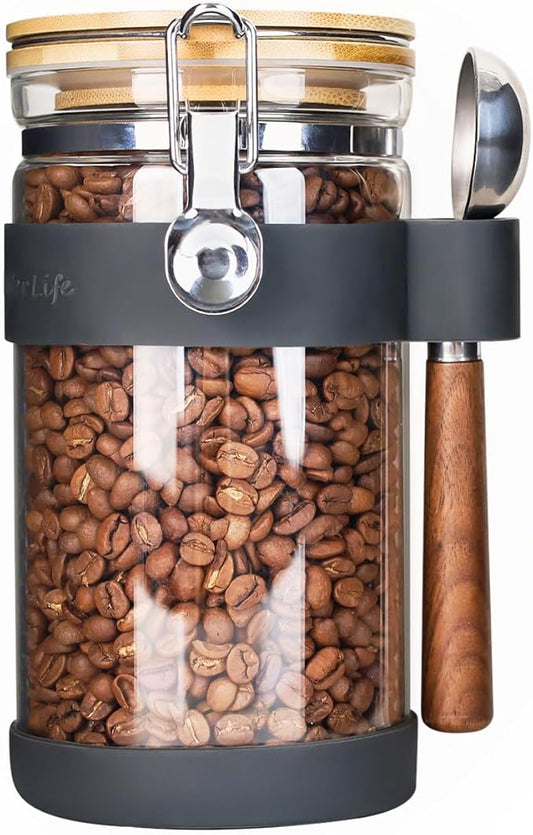KKC HOME ACCENTS Airtight Clear Glass Coffee Bean Storage Containers with Scoop,Glass Coffee Bean Jar Canister with Bamboo Clamp Lid for Ground Coffee,Loose Leaf Tea, Nut,Sugar,40 Fluid Ounce