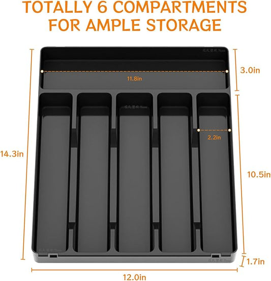 Silverware Organizer for Kitchen Drawers,BPA Free Cutlery Drawer Organizer,6 Slots Plastic Utensils Organizer Suitable as In-Drawer Silverware Holder and Tray,Flatware,Knife,Fork,Spoon Organizer,Black