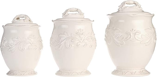 Firenze Ivory 3-Piece Ceramic Canister Set with Lids – Elegant Kitchen Storage Jars for Flour, Sugar, Coffee or Tea – Vintage White Countertop Décor for Farmhouse or French Country Homes