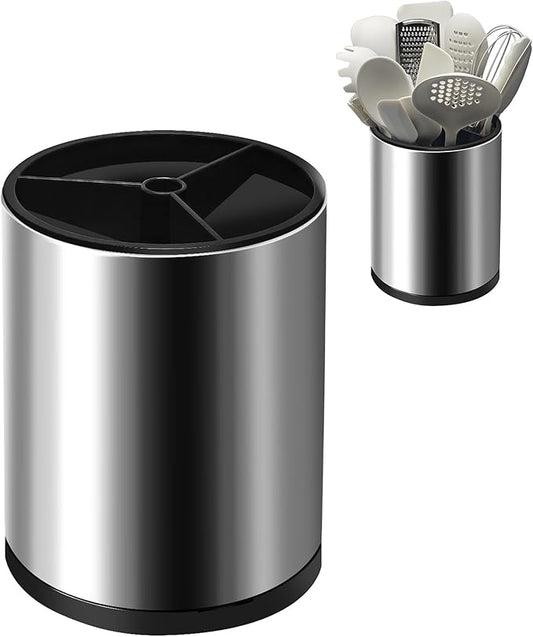 Stainless 360° Rotating Kitchen Utensil Holder,Large Counter Utensil Caddy, Cooking Spoon Stand Spatula Cutlery Metal Utensil Canister Tool Silverware Holder Rack For Countertop (Silver)