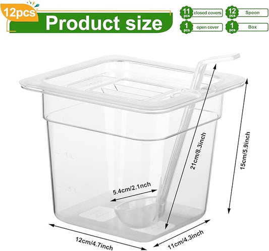 12 Pack Plastic Food Pan with Lids 1/6 Size 6'' Deep Restaurant Food Containers Stackable Clear Polycarbonate Commercial Hotel Pans with 1 Plastic Spoon for Fruits Vegetables