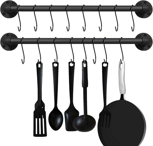 21 inch Pot Pan Bar Rack Wall Mounted Set of 2 with 16 Hooks Industrial Pipe Pot Hanger Rustic Iron Pan Hanging Rail Pipe Towel Holder Kitchen Utensil Organizer Black