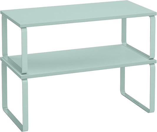 SONGMICS Cabinet Organizer Shelf, Set of 2 Kitchen Counter Shelves, Kitchen Storage, Spice Rack, Stackable, Expandable, Metal and Engineered Wood, Moonlight Green UKCS200C01