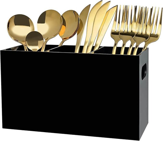 Acrylic Silverware Caddy Countertop, 3-Compartment Flatware Holder, Plasticware Fork Spoon Knife Organizer, Cutlery Caddy with Handles, Utensil Holder for Party Buffet Dining Room