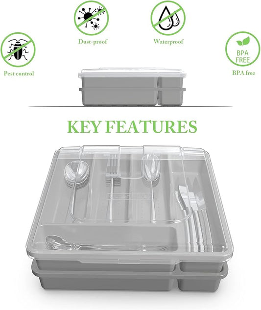 Silverware Organizer with Lid for Drawer, Plastic Utensil Holder for Countertop, Flatware Organizer Cutlery Tray with Cover 5 Compartments (2 Layer-Gray)