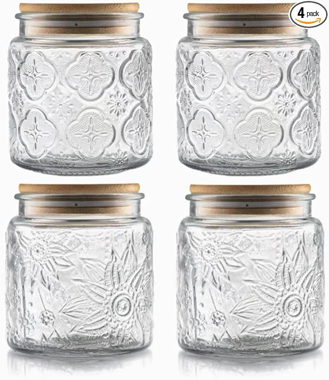 ANSQU Set of 4 Vintage Glass Airtight Storage Jars, 17 FL OZ Glass Storage Containers with Bamboo Lids, Canning Jar for Kitchen Counter, Pantry, Cookie, Coffee, Tea, Sugar, Cute Jars