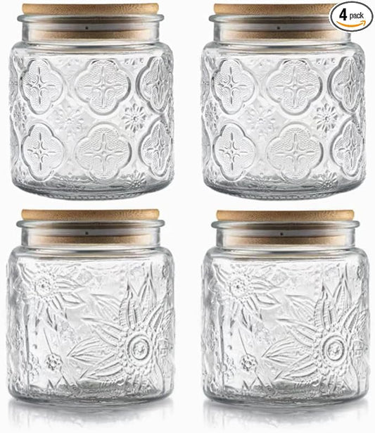 ANSQU Set of 4 Vintage Glass Airtight Storage Jars, 17 FL OZ Glass Storage Containers with Bamboo Lids, Canning Jar for Kitchen Counter, Pantry, Cookie, Coffee, Tea, Sugar, Cute Jars