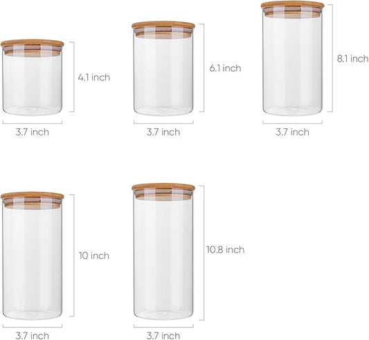 Glass Food Storage Containers Set,Airtight Food Jars with Bamboo Wooden Lids - Set of 5 Kitchen Canisters For Sugar,Candy, Cookie, Rice and Spice Jars