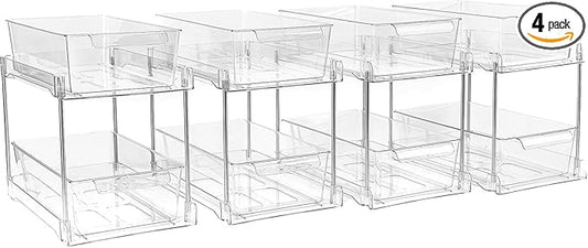 4 Pack 2-Tier Bathroom Under Sink Organizers and Storage - Clear Stackable Containers for Kitchen, Pantry, Vanity, Medicine Cabinet, Makeup, and Counter with Pull-Out Track