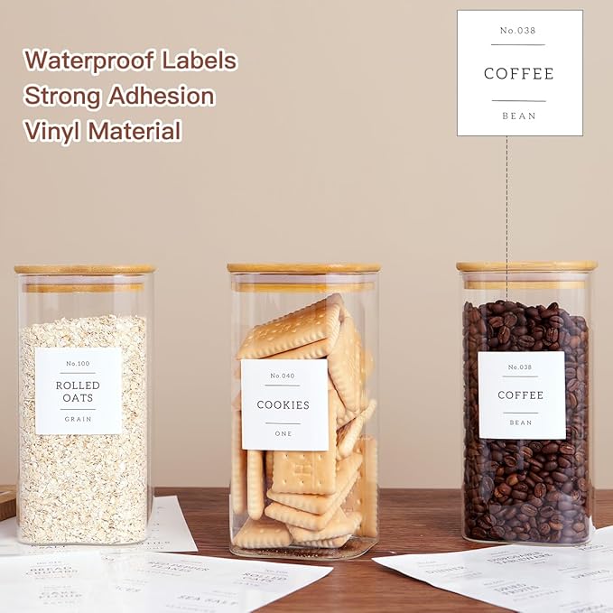 3 Pack Square Glass Kitchen Storage Jars with Airtight Bamboo Lids and 132 Pantry Labels - 54oz Glass Canisters with Wood Lids - Glass Food Storage Containers for Sugar, Rice, Pasta, Cereal