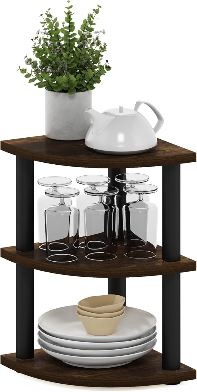Furinno Turn-N-Tube 3-Tier Corner Countertop Organizer Shelf, Amber Pine/Black