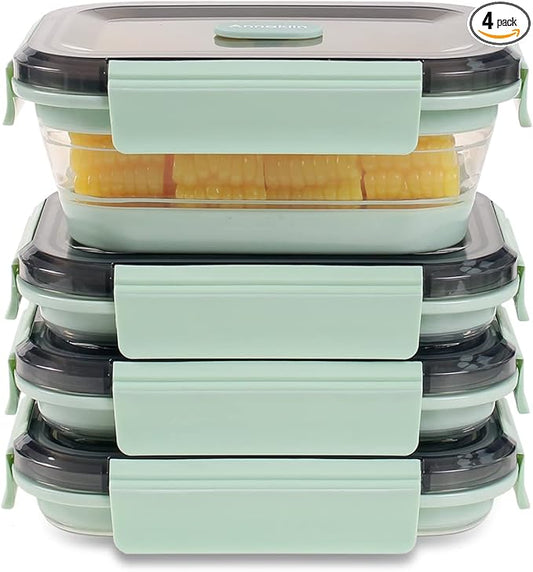 Collapsible Food Storage Containers with Lid & Air Vent, Clear Stacking Silicone Collapsible Food Container Set, Microwave Freezer Dishwasher Safe Space-Saver, Set of 4, Mint Green