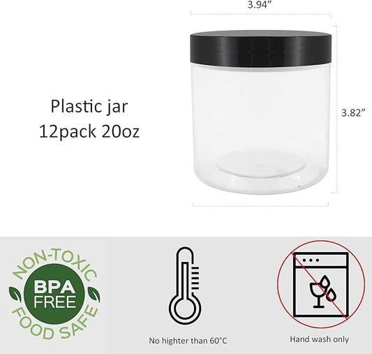 12 Pack 20oz (600ml) Clear Plastic Jars With Lids, Labels, 1 Pen - Empty Storage Containers for Dry Food, Peanut, Spice