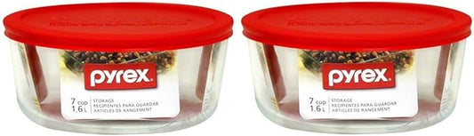 Pyrex Storage Plus 7-Cup Round Storage Dish with Red Plastic Cover Pack of 2 Containers, Clear, Red