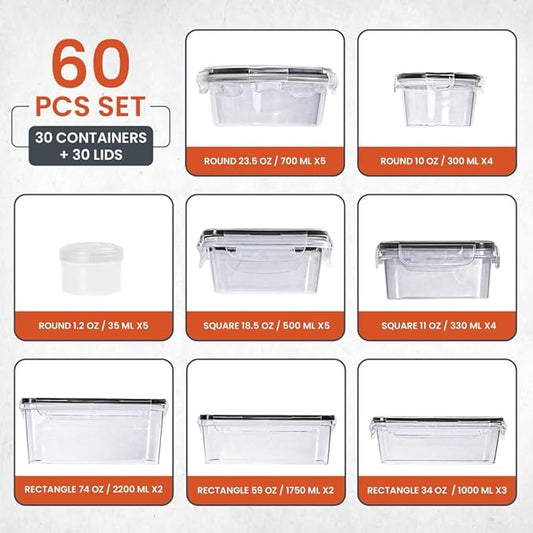 RFAQK 60 PCS Food Storage Containers with Lids Airtight-75 OZ to 1.2 OZ-Leakproof Clear Plastic Meal Prep Containers Reusable-Microwave and Dishwasher Safe