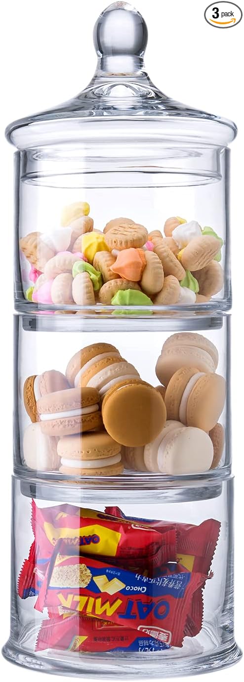 Diamond Star 14.5" 3 Tier Decorative Round Glass Storage Jars with Lids, Decorative Round Stackable Snack Storage Canister with Lid for Sweets, Animal Treats, Nuts, Coffee Bean and Building Blocks