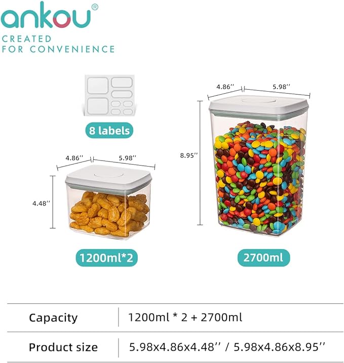 Ankou Pop Airtight Food Storage Containers, Stackable Organizing with Lids for Kitchen Pantry Cereal Snack Sugar Coffee - 3 Pcs (1.2 * 2 qt, 2.7 qt)