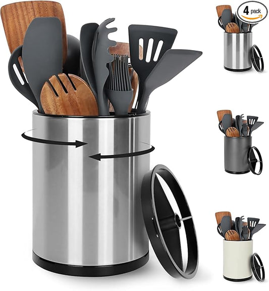 360° Rotating Kitchen Utensil Holder - Extra Large Stainless Steel Cooking Utensil Holder for Countertop, 3 Compartment Flatware Organizer & Cooking Caddy with Removable Base（Silvery）