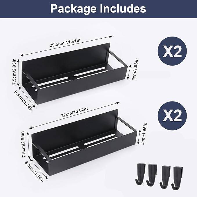 maytopia Magnetic Spice Rack Organizer for Refrigerator, 4 Pack Metal Strong Magnetic Shelf for Fridge with 4 Hooks, Small Black Spice Rack for Home Kitchen Cabinet Oven and Laundry Room Storage