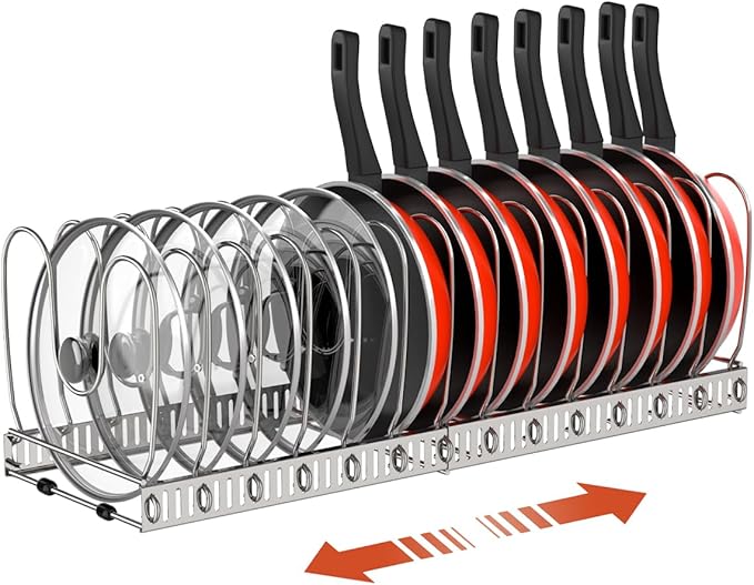 Pot and Pan Organizer Rack for Cabinet, Stainless Steel Expandable Pot Lid Organizer with 14 Adjustable Dividers, Pot and Pan Holder Rack Storage Organizer for Kitchen, Silver