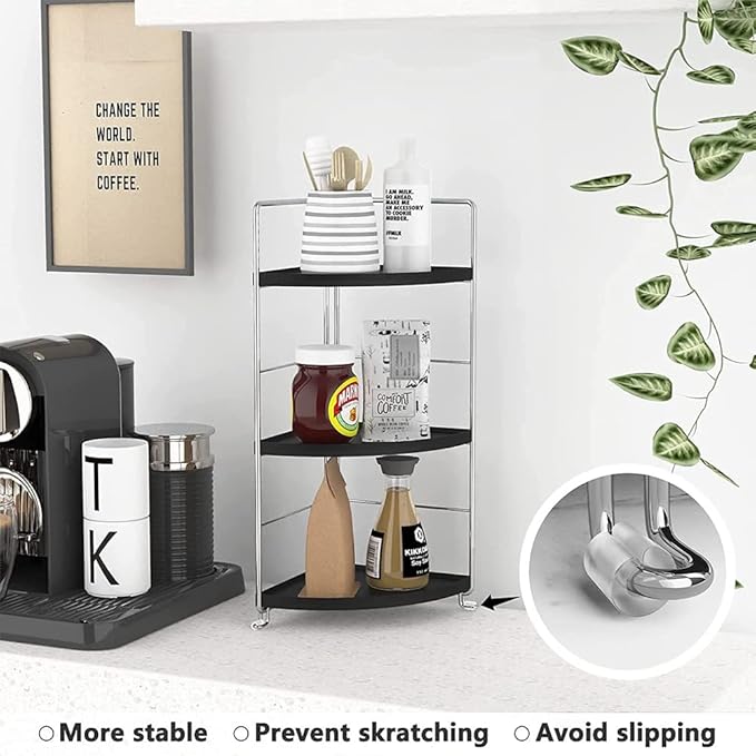 3-Tier Bathroom Countertop Organizer , Vanity Tray Cosmetic & Makeup Storage, Kitchen Spice Rack Standing Shelf , Corner Storage Shelf , Silver&Black