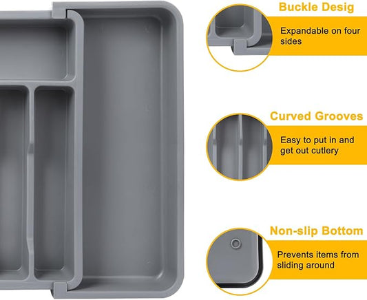 Houseware Expandable Kitchen Drawer Flatware Organizer,Silverware Organizer Utensil Drawer Cutlery Tray, Grey