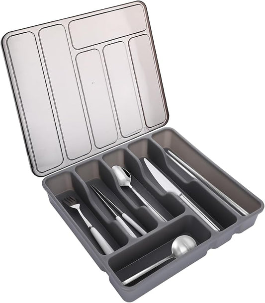 Gray Silverware Organizer with Lid,Plastic Utensil Drawer Organizer,Covered Storage Box Flatware Cutlery Drawer Organizer,Utensil Organizer for Kitchen Drawers,Silverware Tray for Drawer