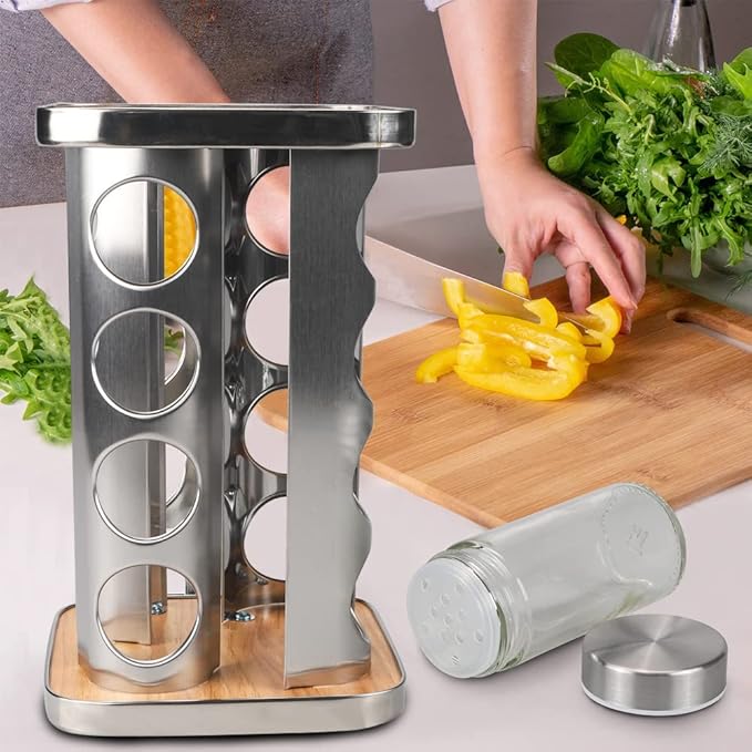 Revolving Countertop Spice Rack, 16 Jars Stainless Steel Rotating Seasoning Storage Organizer for Cabinet, Spice Carousel Tower for Kitchen