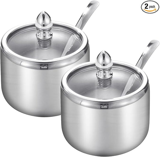 Kitchen Stainless Steel Spice Jars Seasonning Box with Spoons, Seasoning Containers Bottles with Stainless Steel &Clear Glass Cap,10oz for Home and Kitchen (2)