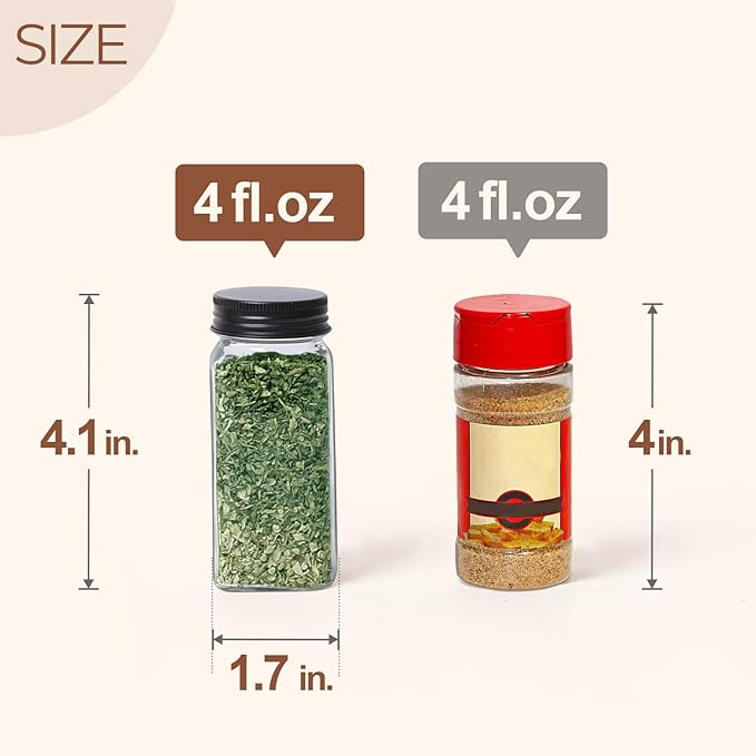 ComSaf 15Pcs 4oz Glass Spice Jars with Shaker Lids, 93 Labels, a Handy Funnel, a Pepper Grinder, Empty Spice Containers and Square Spice Bottles for Kitchen and Seasoning