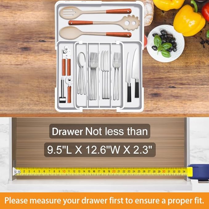 Homecor Silverware Drawer Organizer, Adjustable Kitchen Drawer Organizer, Expands from 4 to 7 Slots, Non-Slip BPA-Free Flatware Cutlery Utensil Holder for Forks Knives Spoons and Kitchen Utensil,White