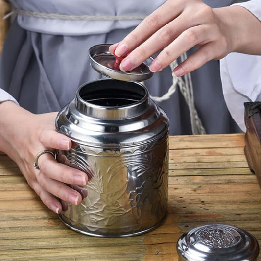 Stainless Steel Tea Canister with Lid Multi-Function Storage Container for Tea Coffee Sugar and Small Items, 6.49x5.11x3.54in Silver for Home Use