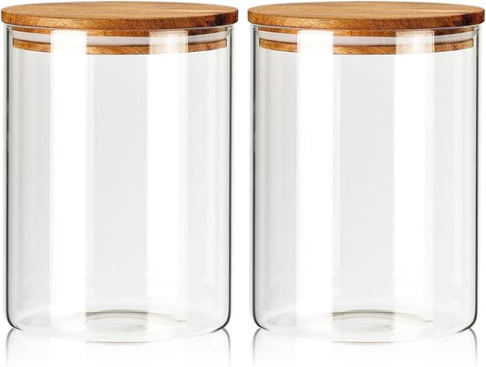 Labina Glass Storage Container Airtight Food Jars Kitchen Canister with Wood Lids, 64 Oz Wide Mouth Pantry Organization Glass Jar for Flour, Sugar, Cookie, Spagetti, Nuts and Candy (2 Pack)