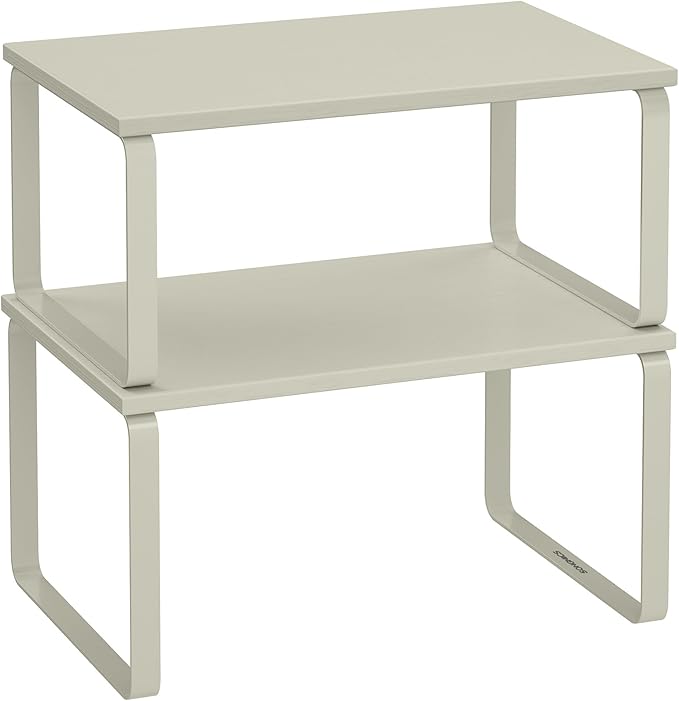 SONGMICS Cabinet Organizer Shelf, Set of 2 Kitchen Counter Shelves, Kitchen Storage, Spice Rack, Stackable, Expandable, Metal and Engineered Wood, Cappuccino Beige UKCS002K01