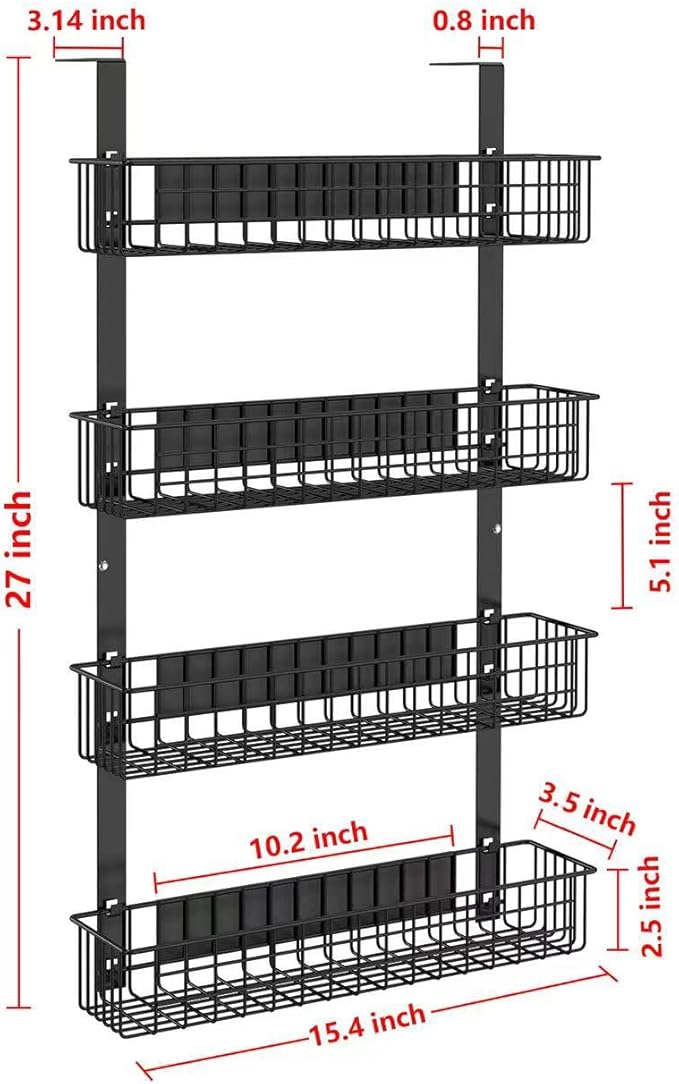 4 Tier Magnetic Spice Rack | Strongly Magnetic Spice Shelf with Utility Hooks | Refrigerator Spice Storage | Kitchen Storage Rack for Placing Seasoning Bottles, Plastic Wraps or Garbage Bags (Black)