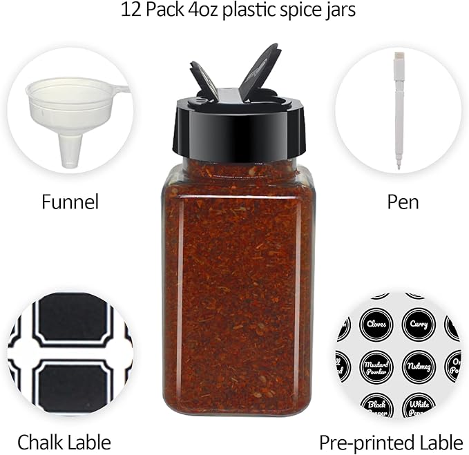 12 Pack 4oz Clear Plastic Spice Jars With Black Plastic Lids, Square Spice Bottles, Seasoning Containers with Chalk Labels, Pen, Funnel, Spice Containers For Kitchen Cabinet